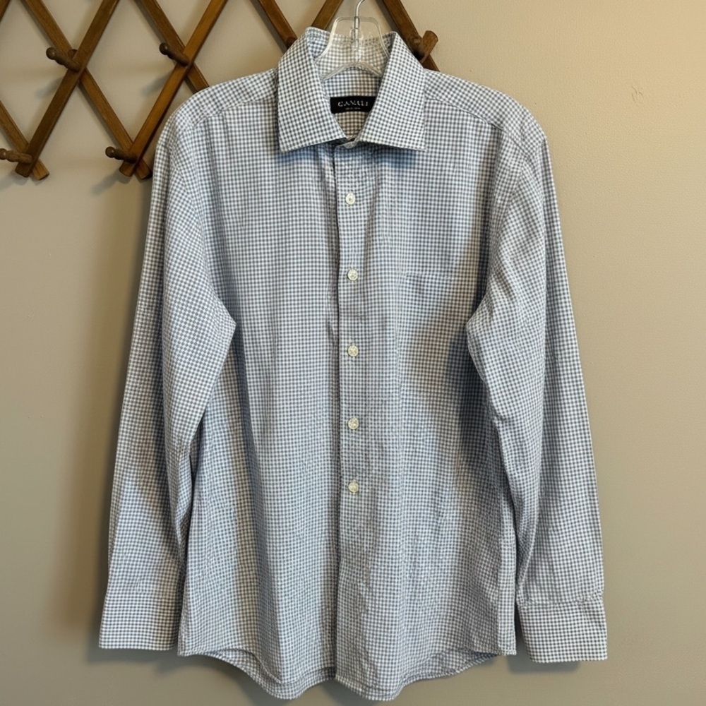 Canali Light Blue & Grey Gingham Button-Up Shirt 17